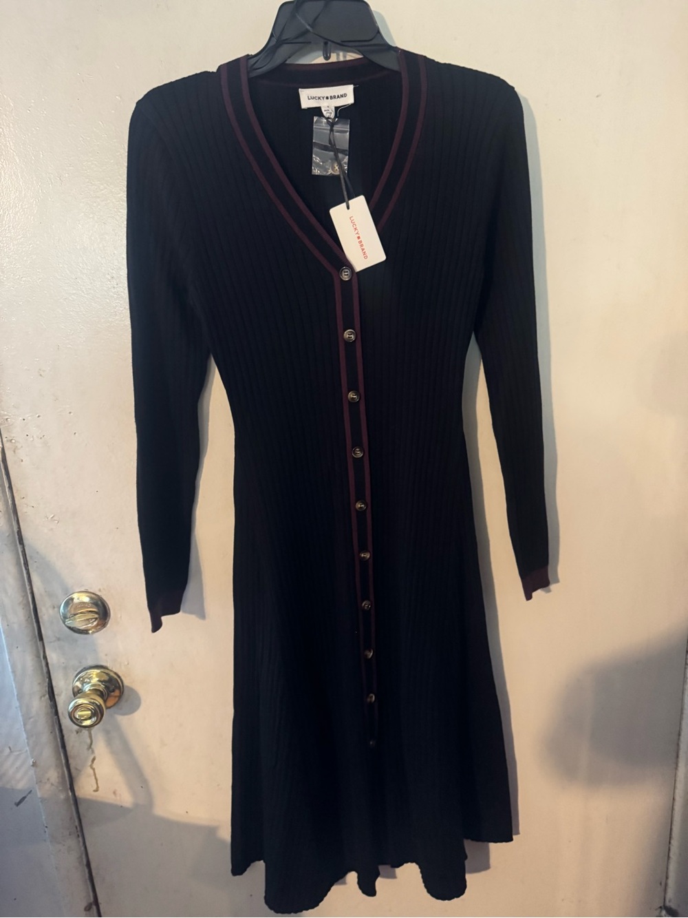 Lucky Brand Black Ribbed Button-Front Long Sleeve Dress with Burgundy Trim